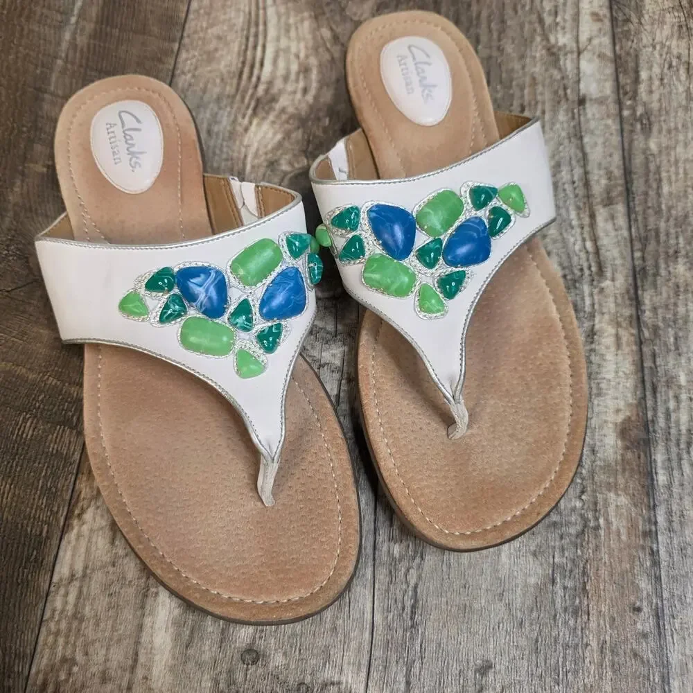 Clarks Artisan Beaded Sandals Leather Thong Flip Flops Boho Coastal 9